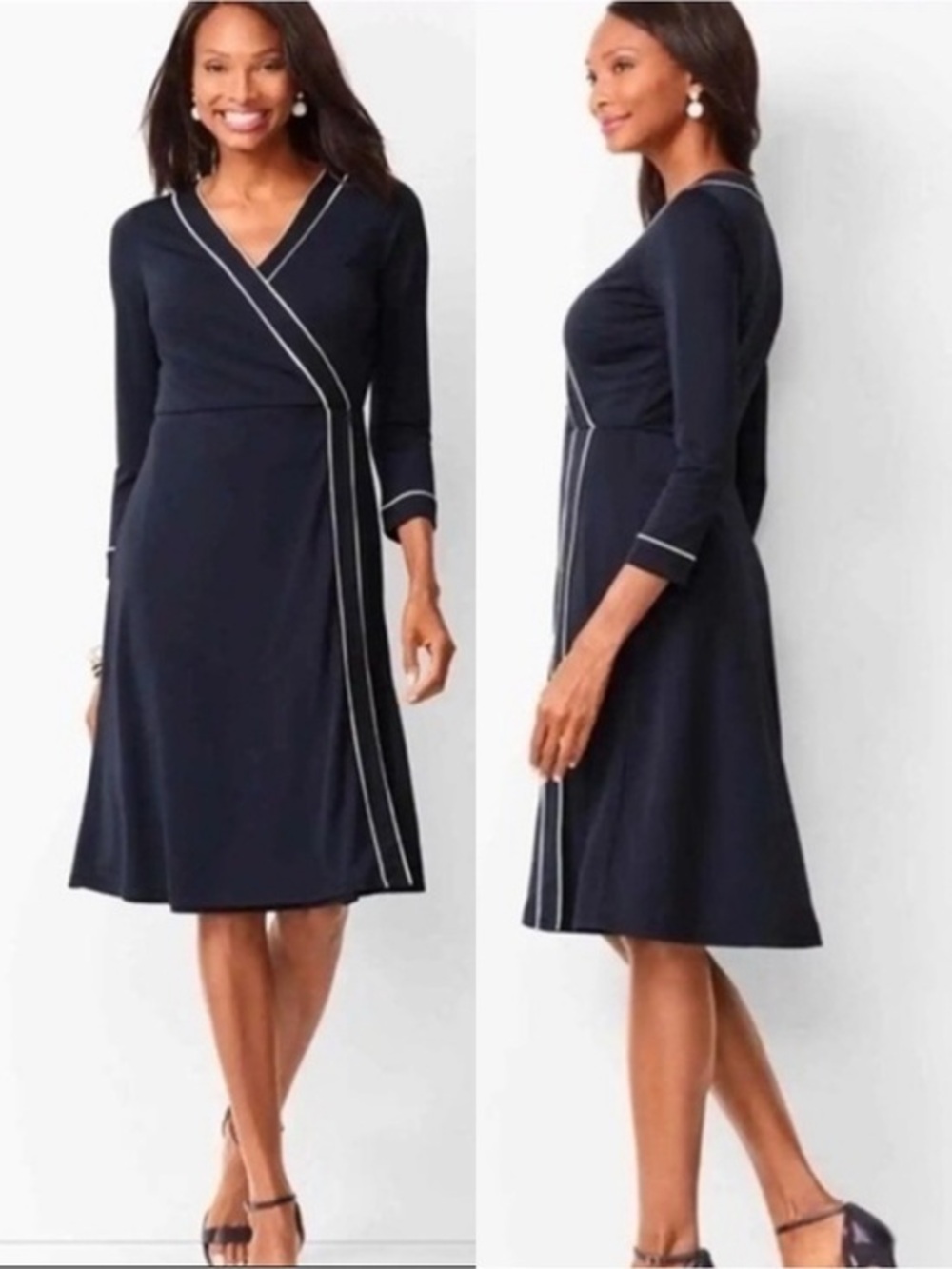 NWT Talbots Knit Jersey Faux-Wrap Sheath Midi Dress Small Navy V-Neck Cocktail